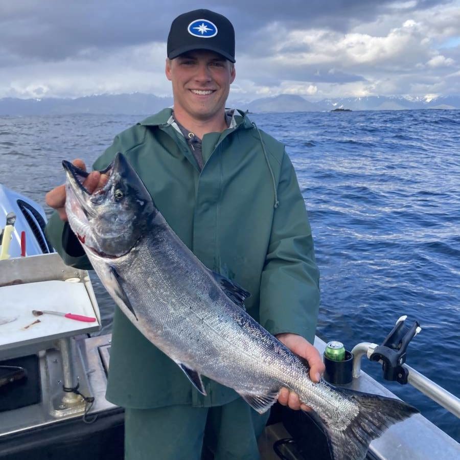 Deckhand, Nicholas Kiel and his first king of the season!