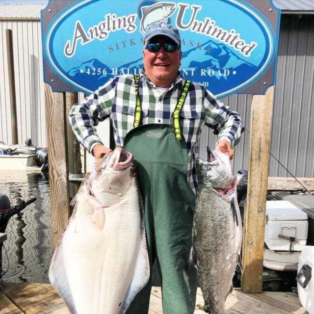 Tony Bauer with halibut & king salmon catches at Angling Unlimited in Sitka, AK