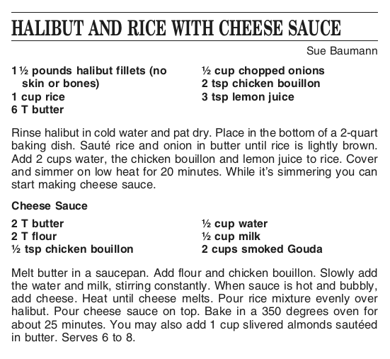 Recipe for Halibut and Rice with Cheese Sauce
