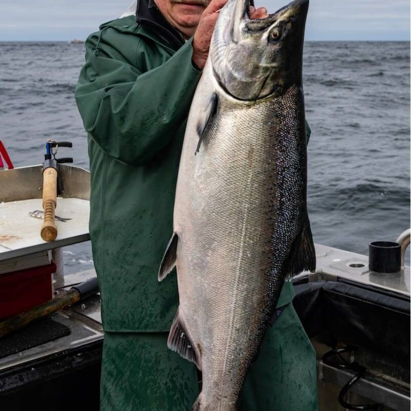 Angling Unlimited guest holds up a king salmon