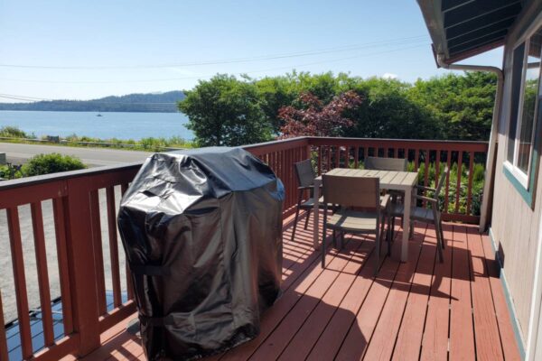 Balcony overlooking the water at a lodging accommodation in Sitka, Alaska