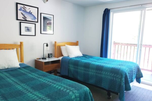 Bedroom of a waterview suite in Sitka, Alaska