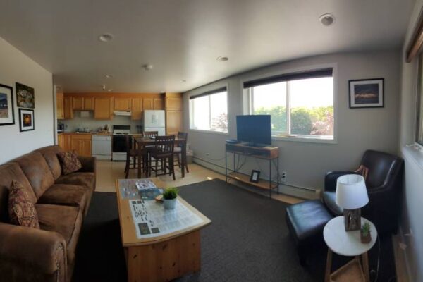 Living room of a waterview suite in Sitka, Alaska