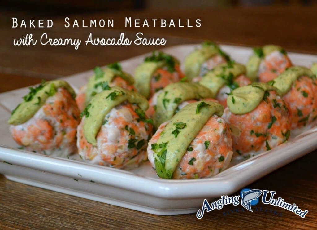 baked alaskan salmon meatballs with creamy avocado sauce