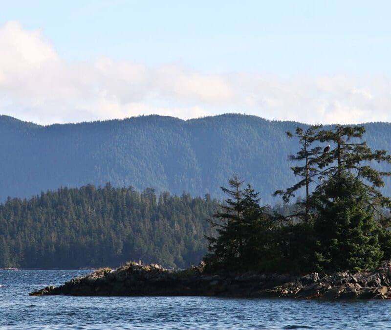 Body of water in Sitka, Alaska with hills covered in trees in the distance