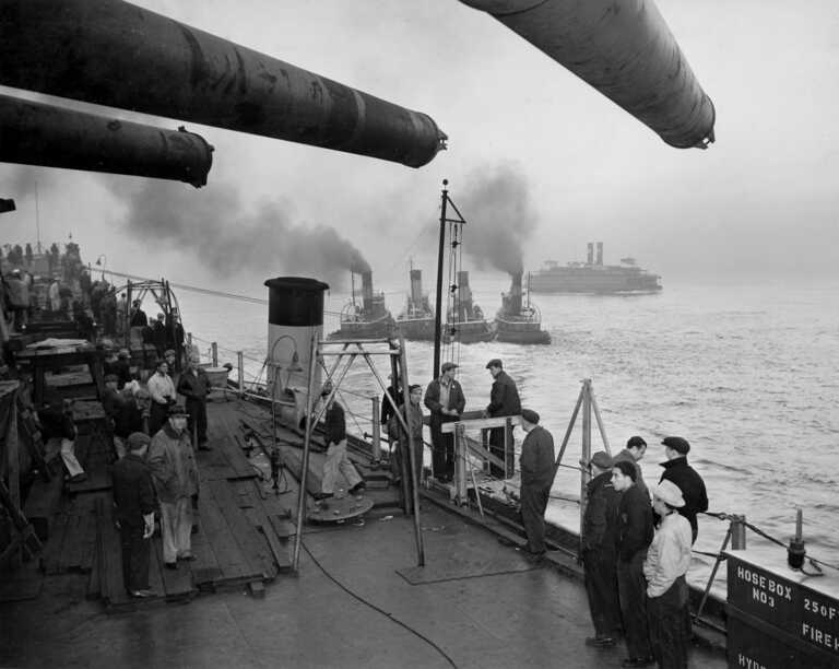 IOWA being tugged to New York Navy Yard Annex dry dock at Bayonne, New Jersey. October 20, 1942 - 80-G-13566 picture number 1