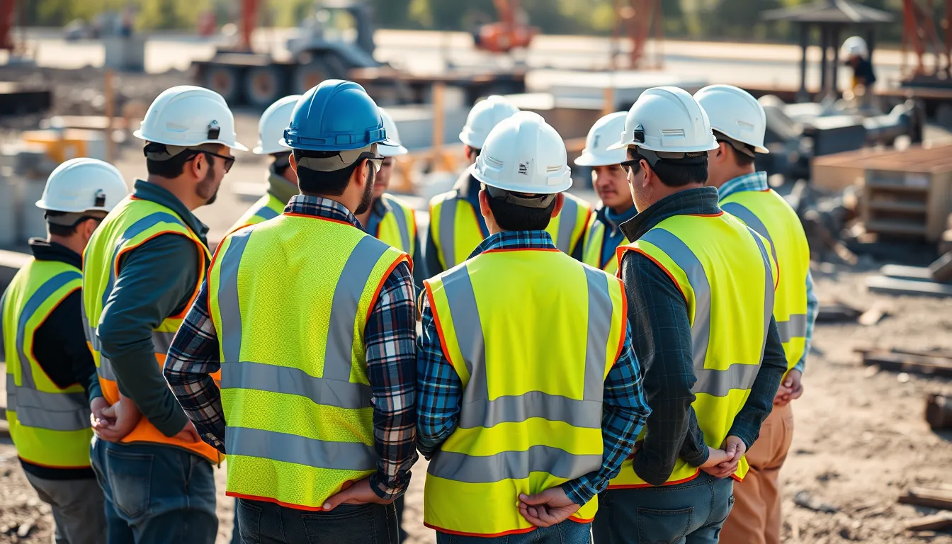 A construction crew gathered in a circle for a morning toolbox talk at a job site