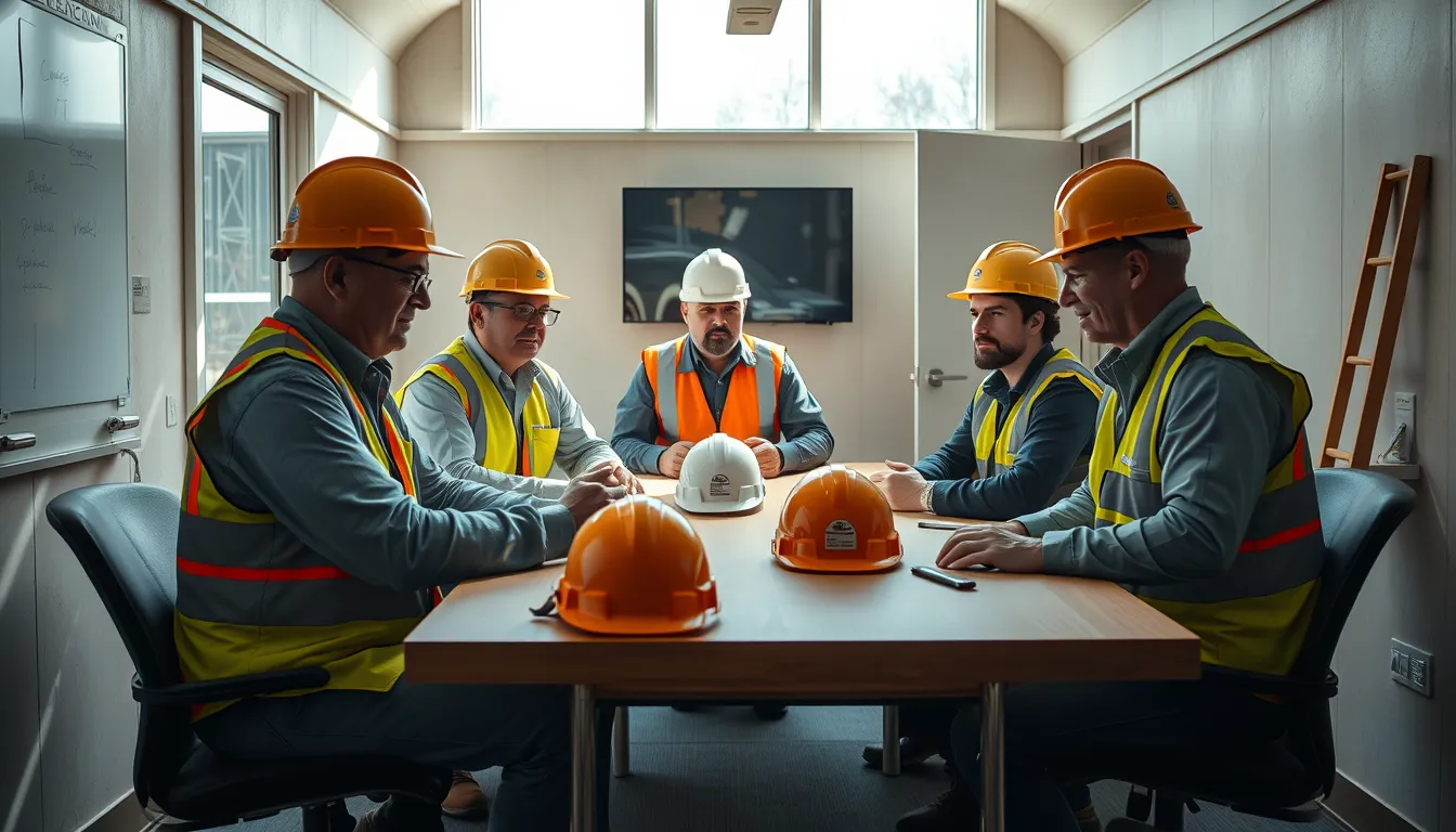 Construction managers sharing a safety moment at the start of a site meeting