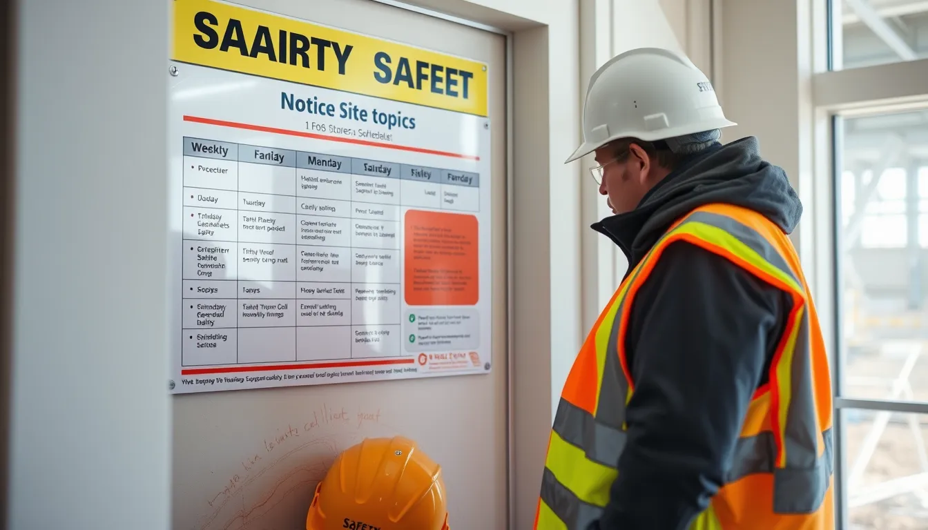 A weekly safety topics schedule on a construction site office notice board