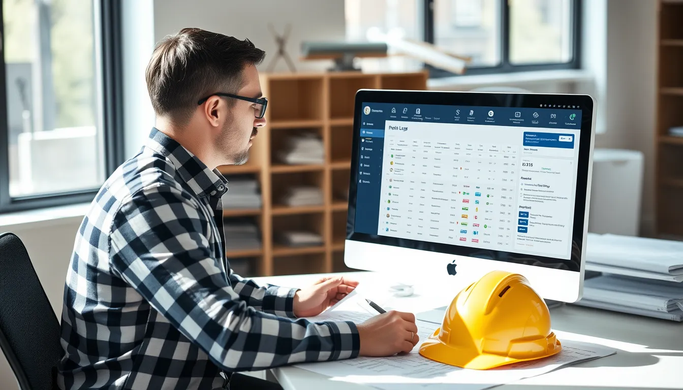 Project manager reviewing construction daily log software on an office computer dashboard