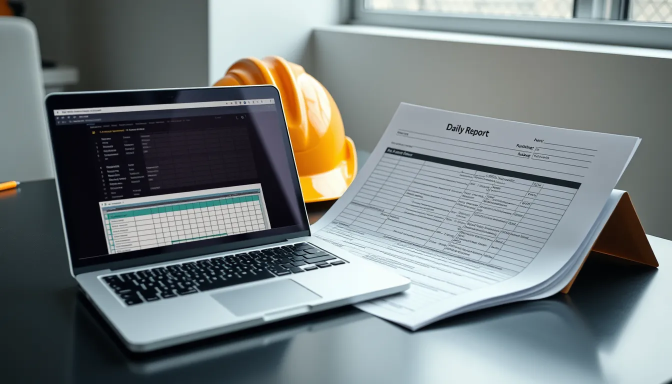 A construction daily log template on a laptop next to a printed form and a hard hat on a site office desk