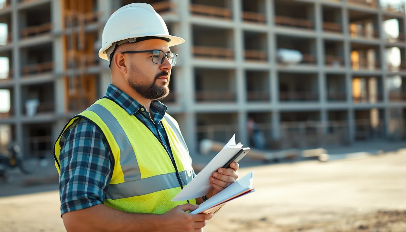 Construction foreman keeping a daily log on his phone during a morning site walk