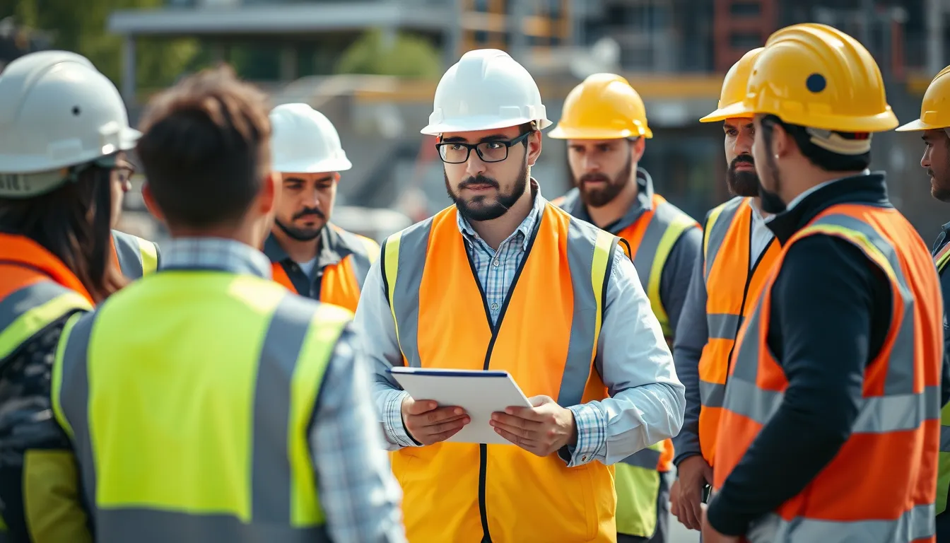 A site foreman leading an OSHA toolbox talk with a construction crew in hi-vis