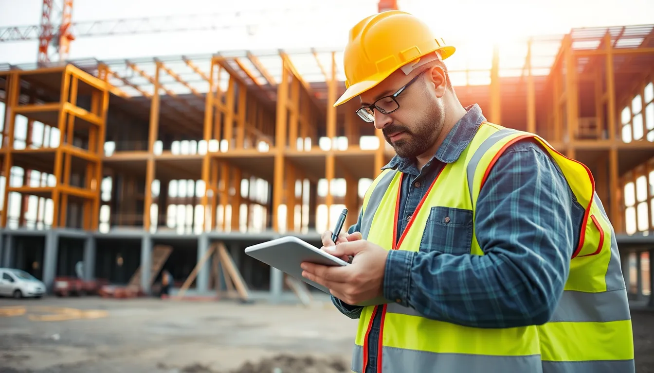 Construction superintendent in a hard hat and hi-vis vest writing a daily log on a tablet at a job site