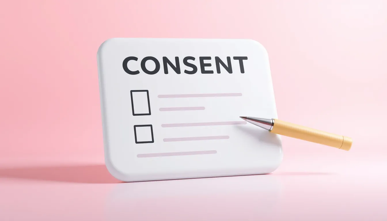 3D illustration of a consent document with a checkmark and a pen