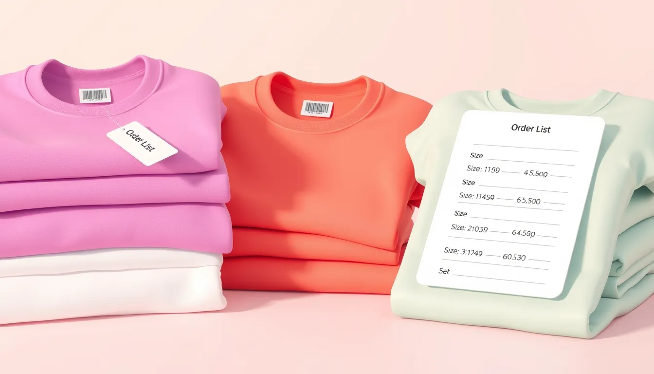 3D illustration of folded t-shirts with size tags and an order list