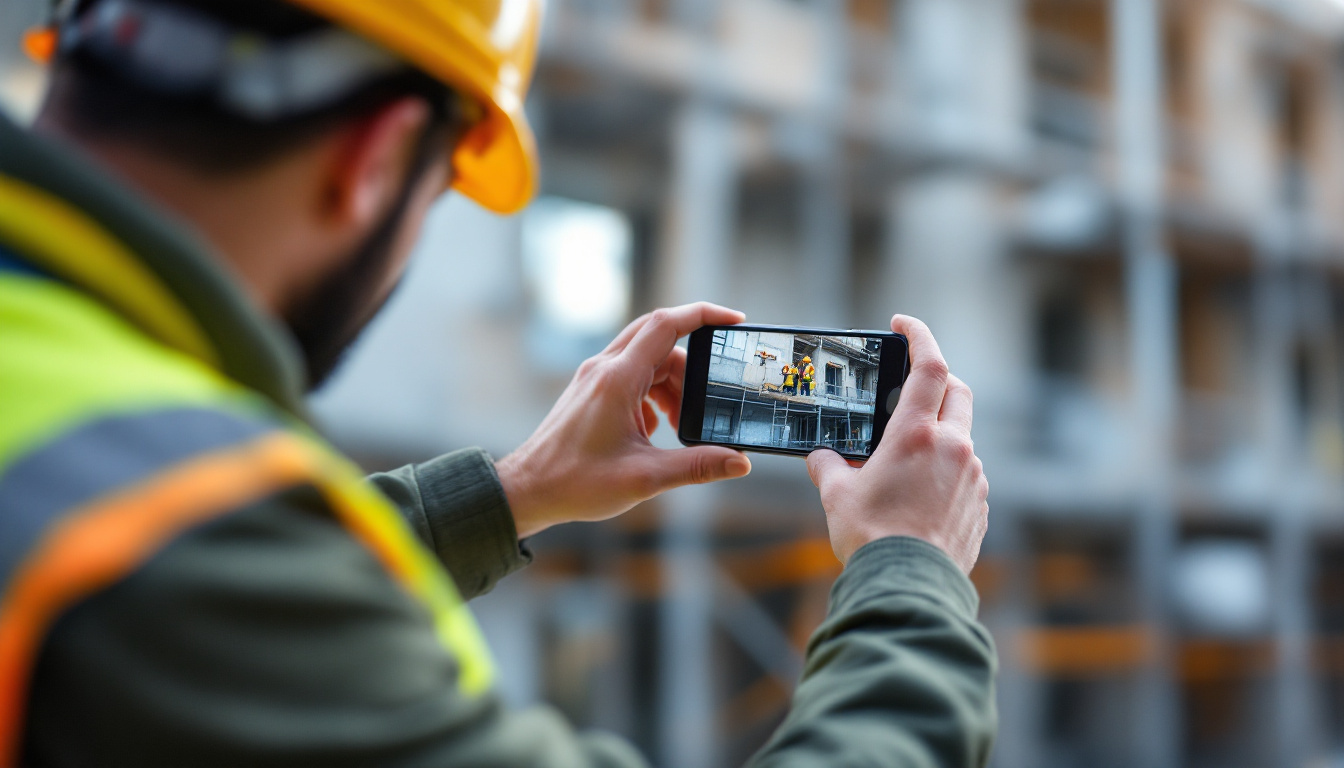 A construction worker photographing a safety hazard on a smartphone near scaffolding using a safety inspection app