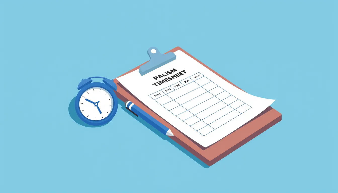 Flat vector illustration of a printed timesheet on a clipboard with a pen and a clock