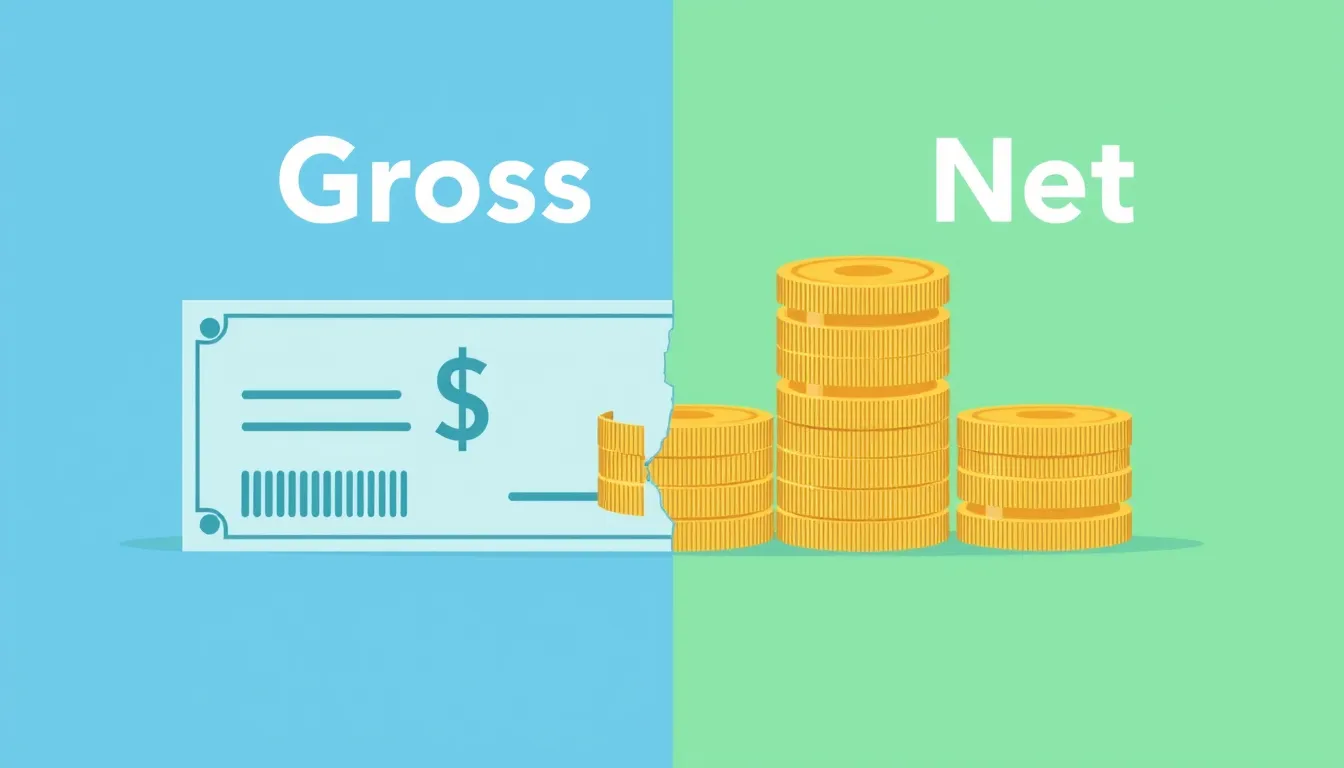Flat vector illustration of a paycheck splitting into two stacks of coins for gross and net pay