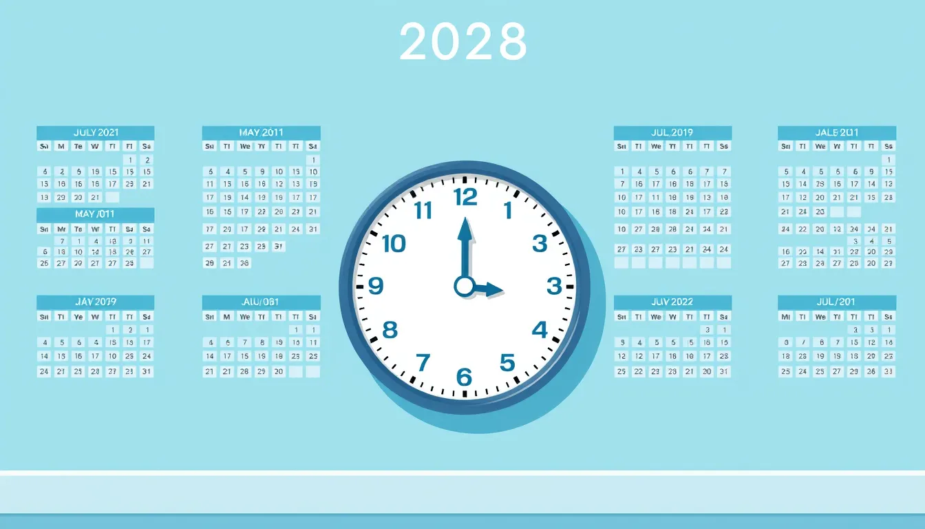 Flat vector illustration of a yearly wall calendar with a large clock