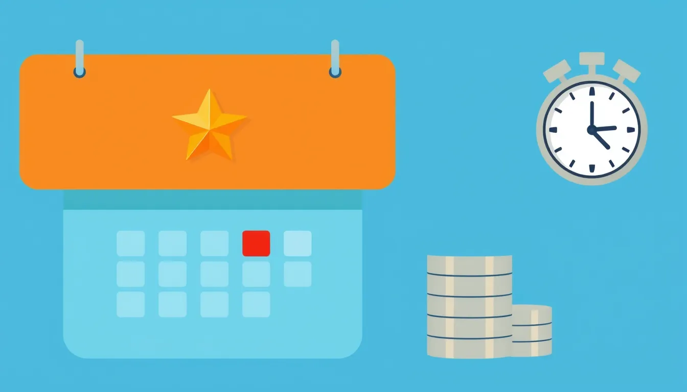 Flat vector illustration of a calendar with a holiday star, coins, and a clock