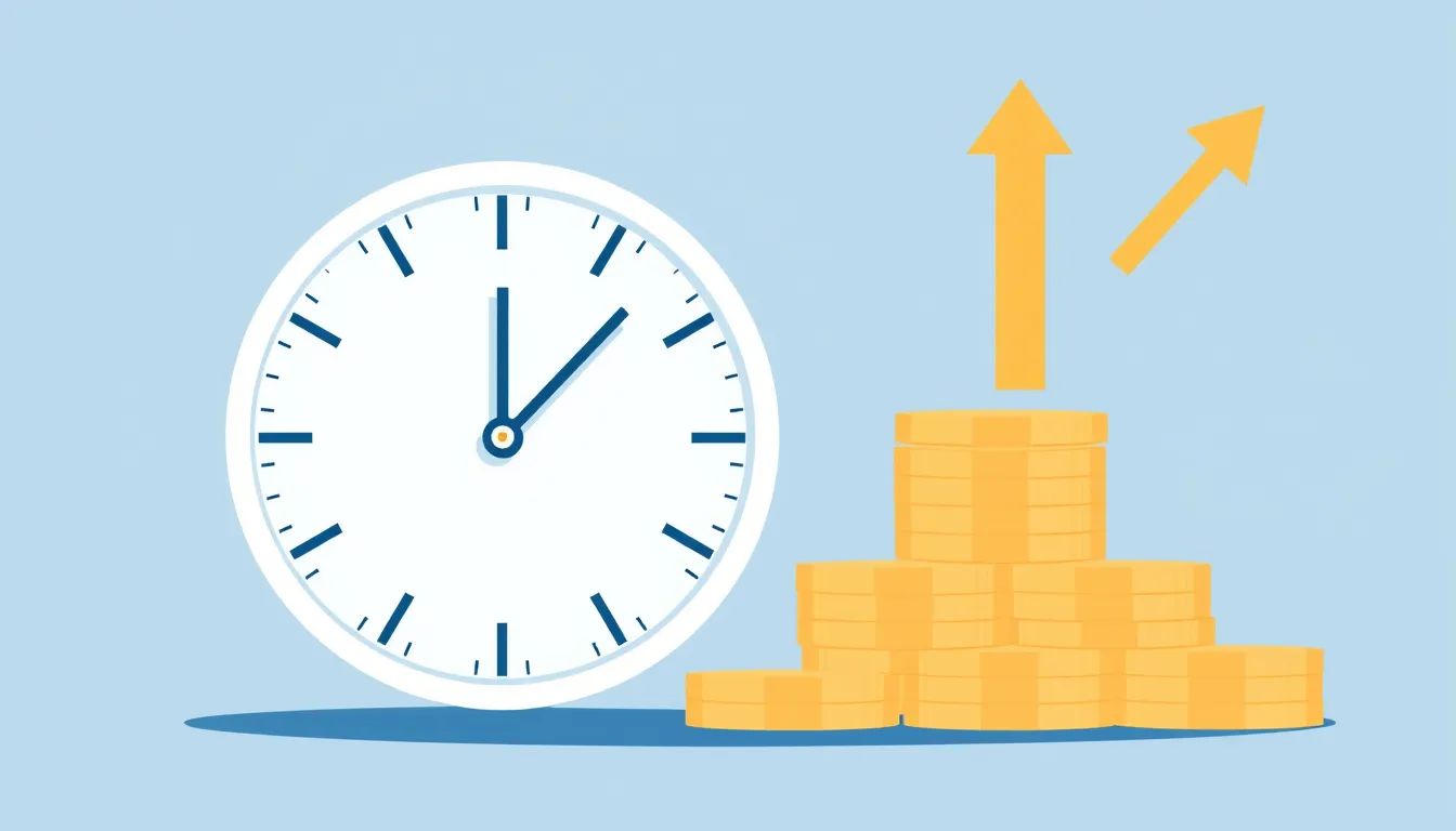 Flat vector illustration of a clock beside coins with an upward multiplier arrow