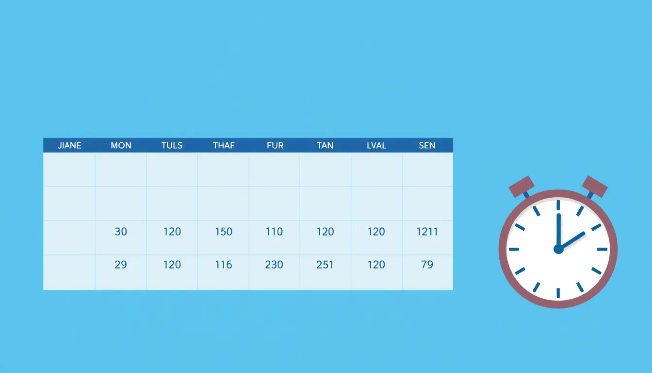 Flat vector illustration of a monthly calendar with a timesheet grid of hours and a clock