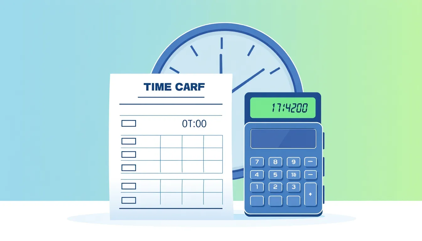 Flat vector illustration of a paper time card beside a calculator adding hours and minutes