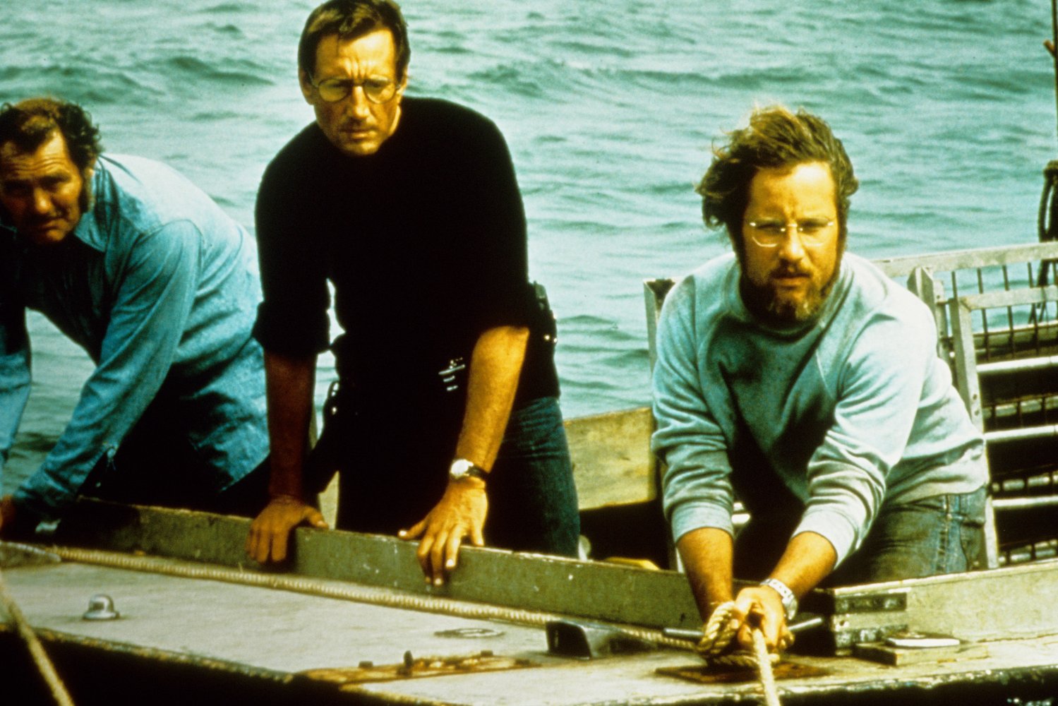 Richard Dreyfuss, Roy Scheider, and Robert Shaw in Jaws (1975) (Universal City Studios)