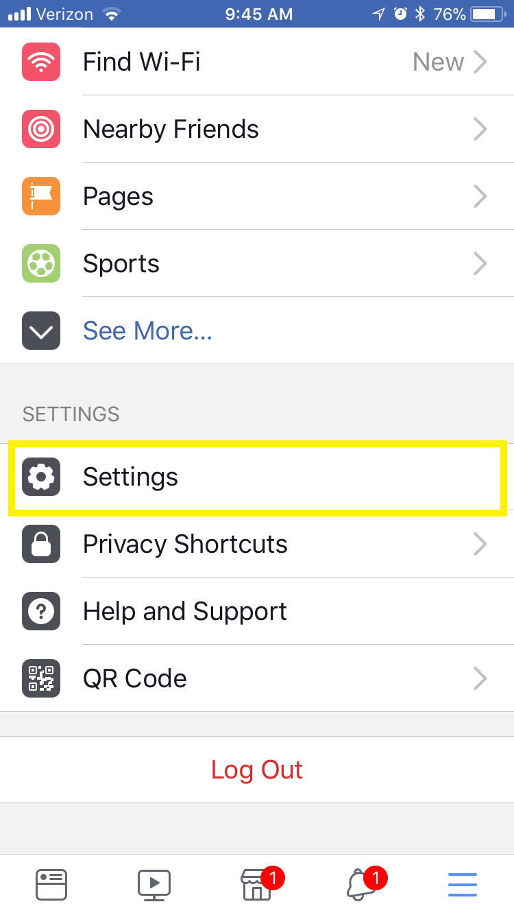 iphone settings facebook