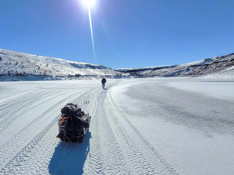 sledding at Ririe reservoir