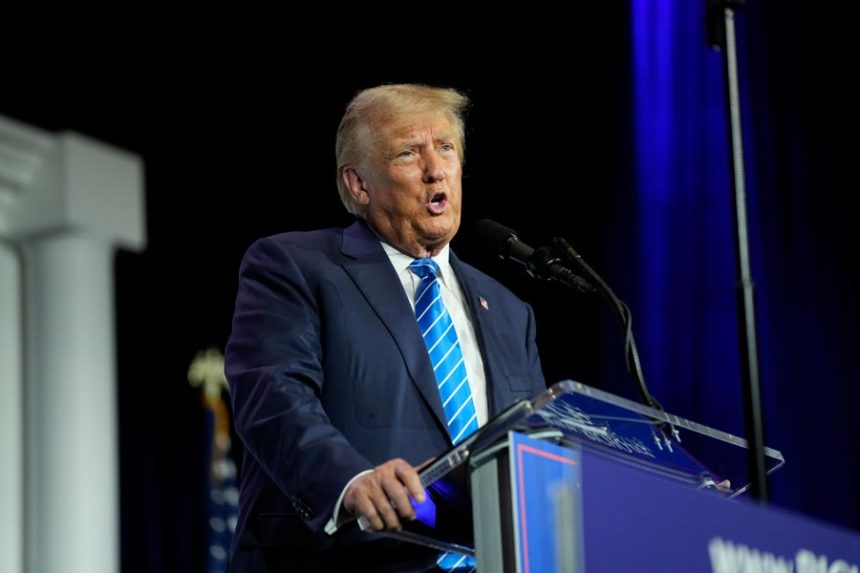 Republican presidential candidate and former President Donald Trump speaks at an annual leadership meeting of the Republican Jewish Coalition, Saturday, Oct. 28, 2023, in Las Vegas. Court arguments are beginning in the effort to bar former President Donald Trump from running for his old job again. The first set of arguments start in Colorado, Monday, Oct. 30. | John Locher, Associated Press