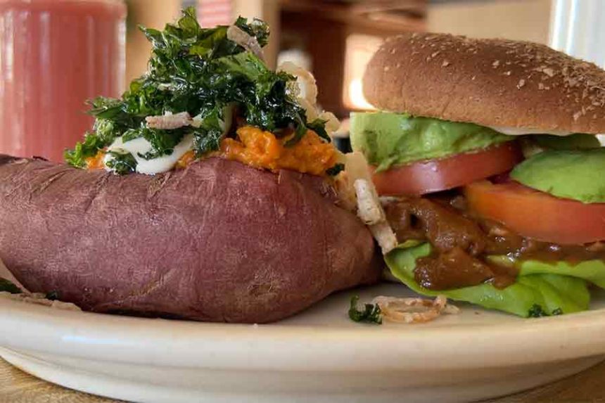 Vegan suya sandwich and stuffed sweet potato at Delphia's Vegan Cajun