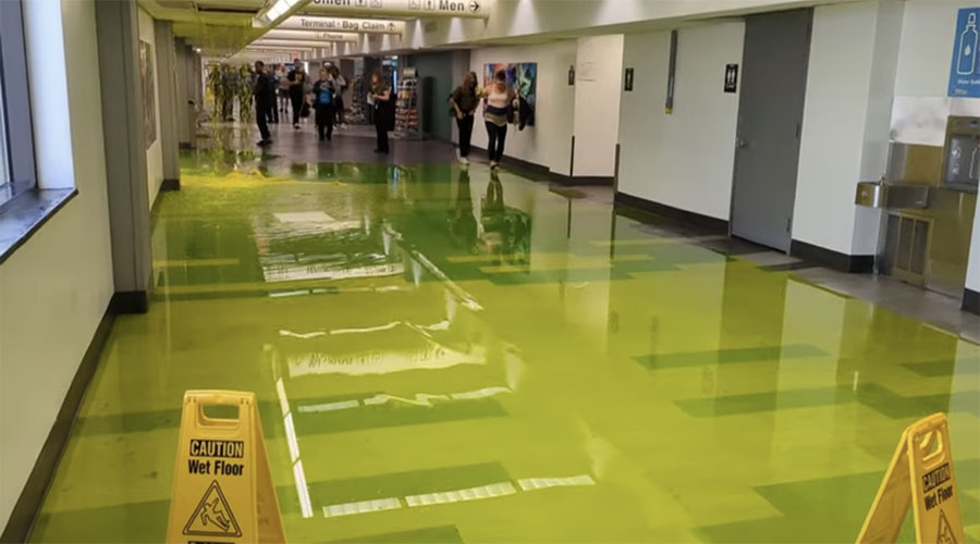 You have to see this! Green liquid leaks from ceiling at airport, spills all over the floor