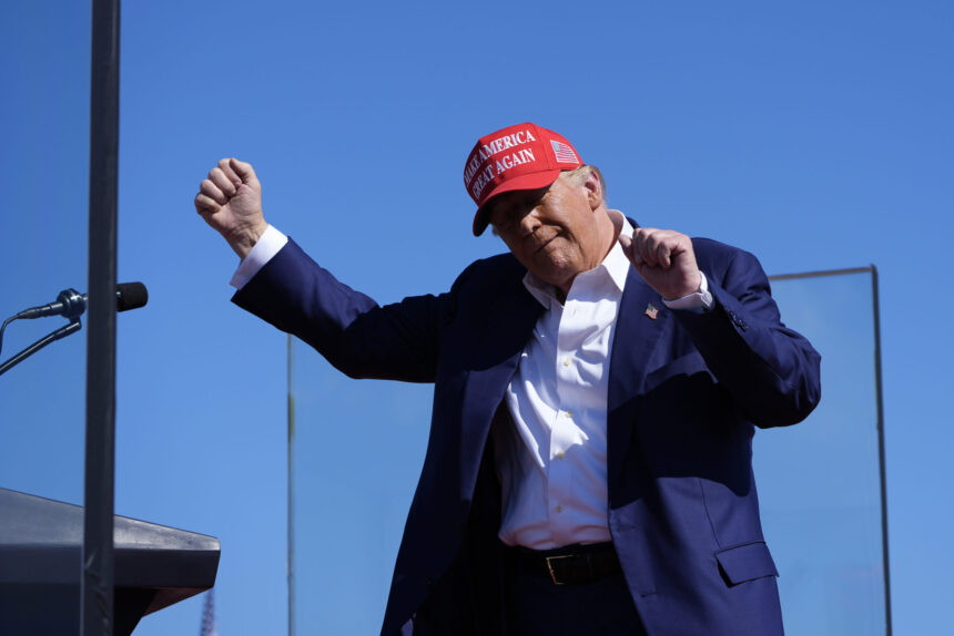 Republican presidential nominee former President Donald Trump dances after speaking at a campaign rally at Wilmington International Airport, Saturday, Sept. 21, 2024, in Wilmington, N.C. | Alex Brandon, Associated Press