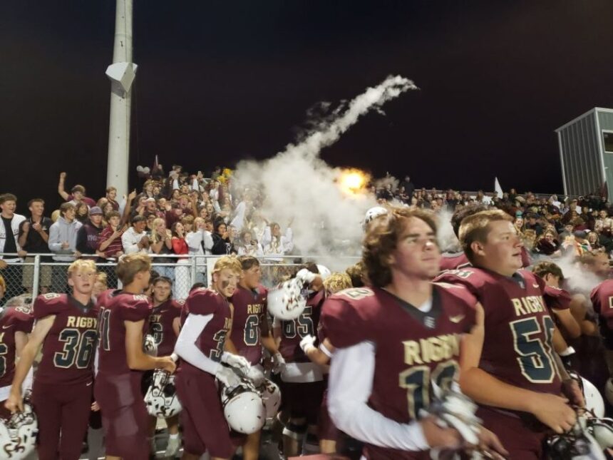 Rigby football players celebrate a win. | Allan Steele, EastIdahoSports.com.