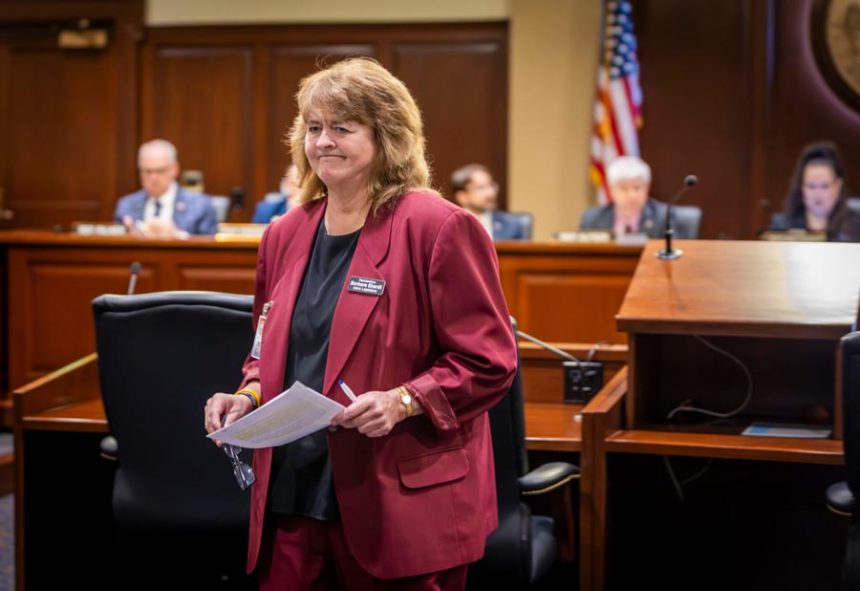 Idaho state Rep. Barbara Ehardt, R-Idaho Falls, walks away from the lectern after presenting a piece of legislation to the House State Affairs Committee on Jan. 7, 2025, at the State Capitol Building in Boise. (Pat Sutphin for the Idaho Capital Sun)
