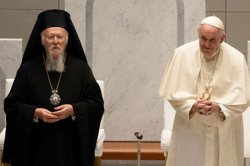 Pope Francis and Ecumenical Patriarch Bartholomew attend an ecumenical meeting and prayer for peace in Our Lady of Arabia Cathedral, Sakhir, Bahrain, Friday, Nov. 4, 2022. | Alessandra Tarantino, Associated Press