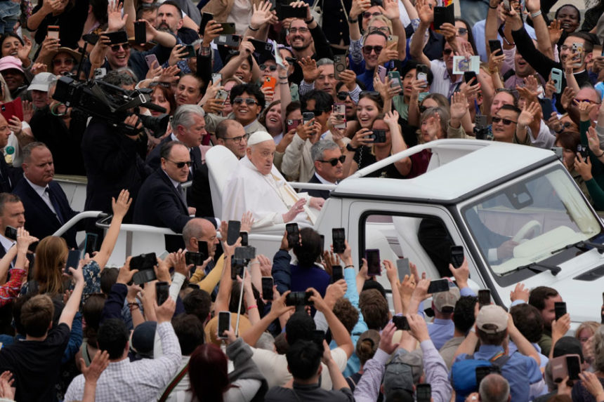 Pope Francis tours St. Peter's Square in his popemobile after bestowing the Urbi et Orbi (Latin for to the city and to the world) blessing at the end of the Easter mass presided over by Cardinal Angelo Comastri in St. Peter's Square at the Vatican Sunday, April 20, 2025. | Gregorio Borgia, Associated Press