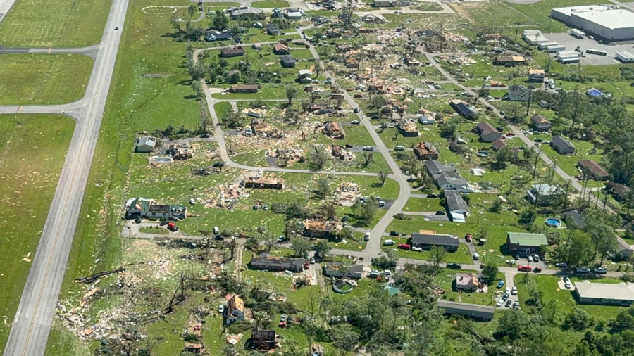 This aerial photo provided by London, KY Mayor Randall Weddle shows damage from severe weather in London, Ky., on Saturday, May 17, 2025. (City of London, Ky. via AP)