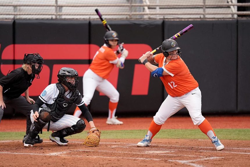 Taylor Edwards takes her at-bat during an Athletes Unlimited Pro game at Max R. Joyner Family Stadium in an August 2024 game. Edwards is among the players who will be taking part in the Athletes Unlimited Softball League's inaugural season this year. | Grant Halverson/Getty Images via CNN Newsource