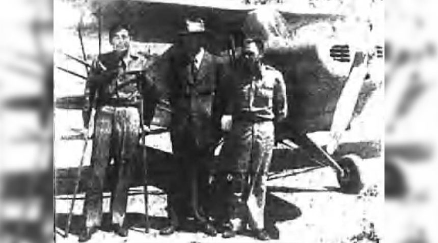 First to use the facilities of the Rexburg Municipal Airport and the Rexburg Flying Service, was Rexburg's air-minded mayor, Joe H. DeMott. Mayor DeMott had a hurry up visit to make to Salt Lake so he made the trip by air. He left early Monday morning, completed his business in Salt Lake and was back in Rexburg Monday evening. Pictured above is Fritz Brannan, manager of the Rexburg Flying Service, Mayor DeMott and Cliff Bolyard, pilot and instructor. They are shown preparatory to leaving for Salt Lake. Caption dated May 8, 1945.