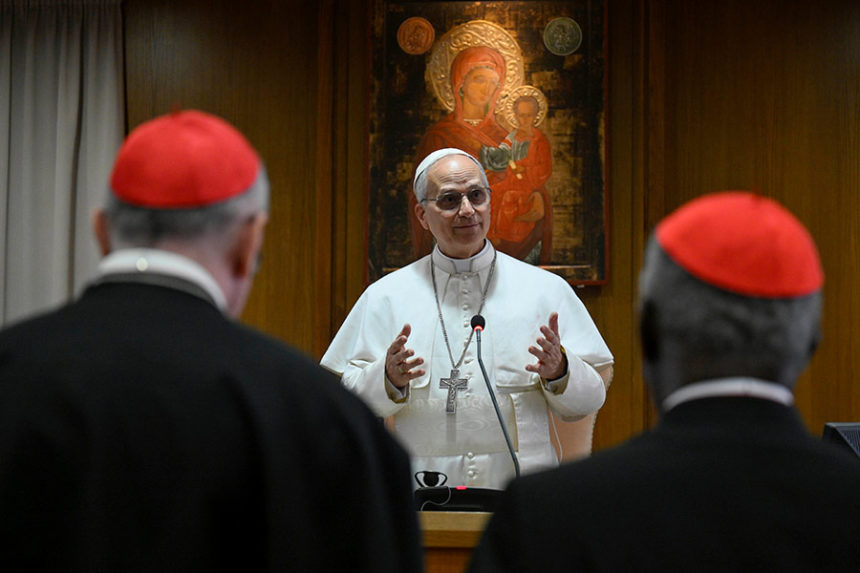 Pope Leo XIV meets the College of Cardinals in the New Synod Hall at the Vatican, Saturday, May 10, 2025. (Vatican Media via AP)