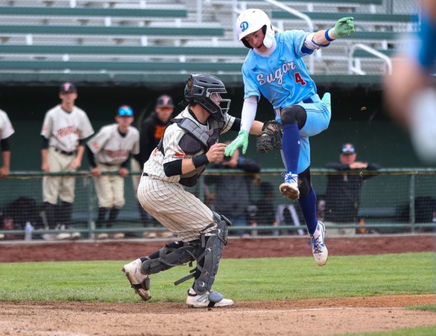 Sugar - Salem's Sam Chappell gets tagged out at home trying to score in the 4A State Championship baseball game against Fruitland Saturday. | Courtesy photo.