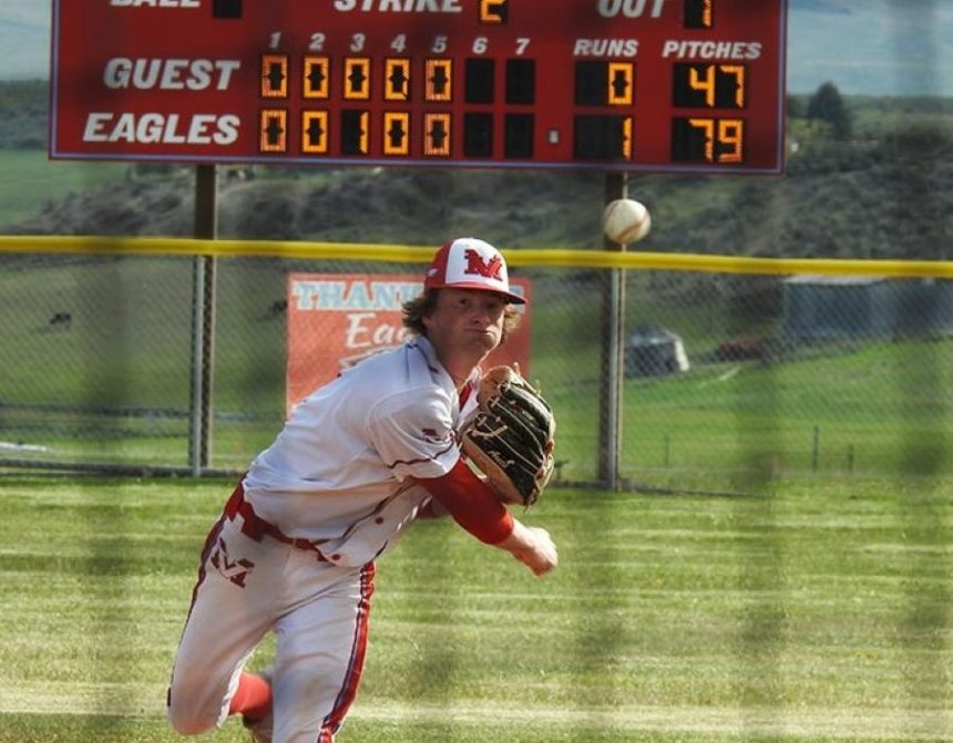 Tate Whitworth strikes out Payette senior Joshua Rodriguez during a sixth inning that saw the Pirates challenge the Marsh Valley starter with a pair of base runners, reaching on a walk and an error. | Kalama Hines, EastIdahoSports.com