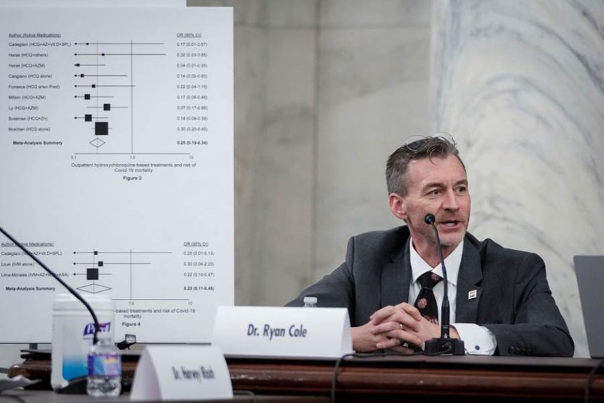 In this file photo, Dr. Ryan Cole speaks during a panel discussion titled “COVID 19: A Second Opinion” in the Kennedy Caucus Room of the Russell Senate Office Building on Capitol Hill on Jan. 24, 2022, in Washington, D.C. The panel featured scientists and doctors who have been criticized for expressing skepticism about COVID-19 vaccines and for promoting the use of unproven medications for treatment of the disease. (Drew Angerer/Getty Images)