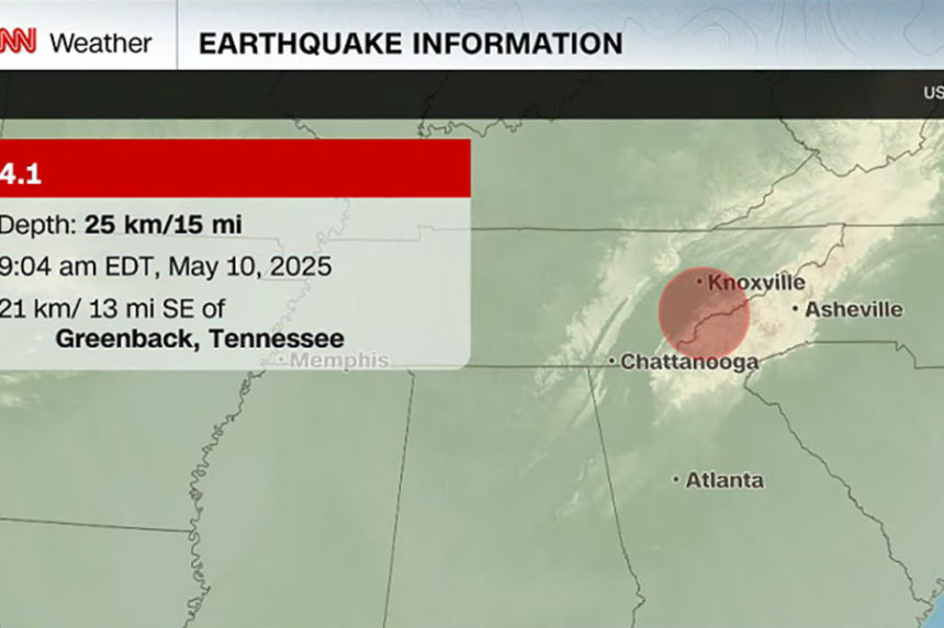 A mild 4.1 magnitude earthquake near Greenback, Tennessee, was felt across the southeastern US Saturday morning. Mandatory Credit: CNN Weather via CNN Newsource