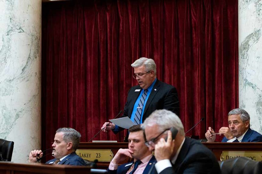 Sen. Todd Lakey, R-Nampa, stands to debate on the Idaho Senate floor on March 25, 2024. (Kyle Pfannenstiel/Idaho Capital Sun)