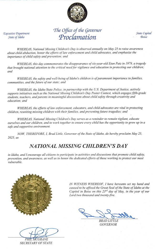Prolamation about National Missing Children's Day signed by Gov. Brad Little | Courtesy Idaho State Police