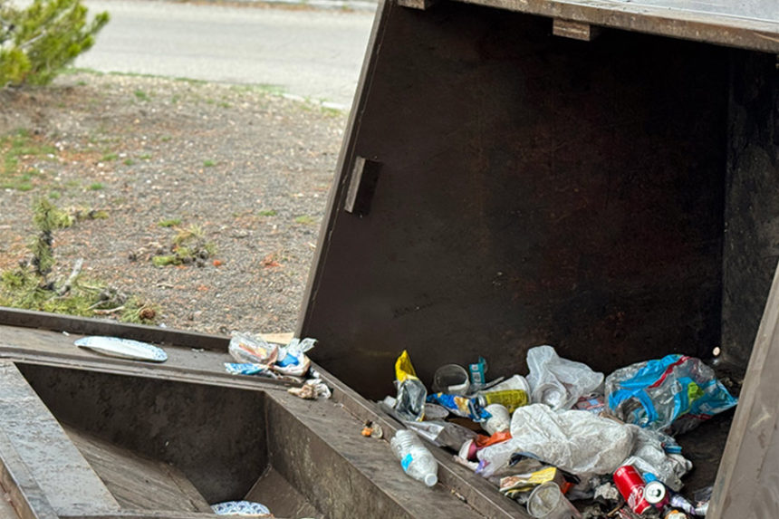 Overturned bear-resistant recycling container in Midway Geyser Basin Parking Area | Allan Barker, National Park Service